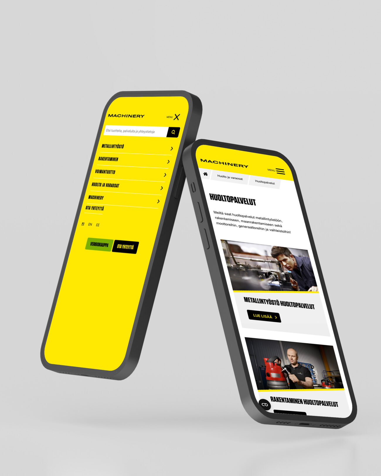 Machineryn verkkopalvelun sivuja näkyy kahden toisiaan nojaavan kännykän näytöillä. Tausta on harmaa.